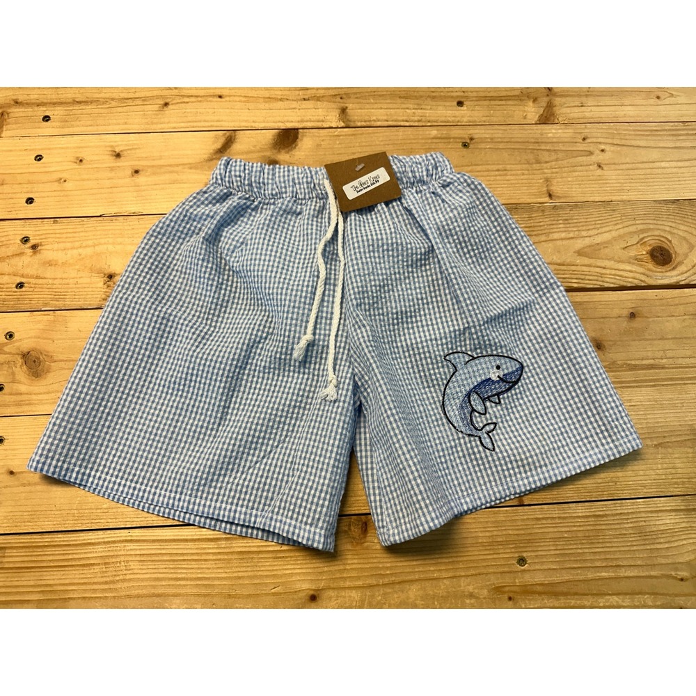 Boys‎ Gingham Seersucker Shorts Swim Trunks with Shark Embroidery Kids Size 4/5T